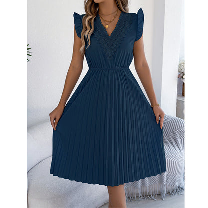 Robe midi pour femme à col en V, en dentelle, à manches à volants et plissée