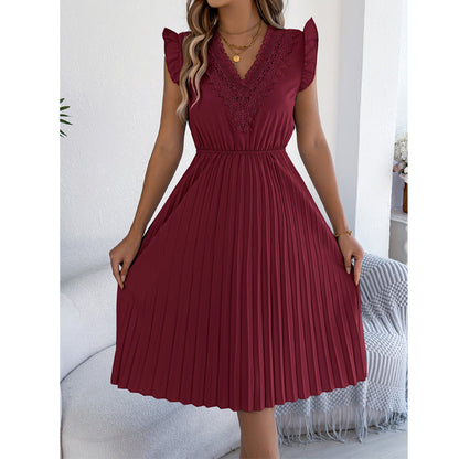 Robe midi pour femme à col en V, en dentelle, à manches à volants et plissée