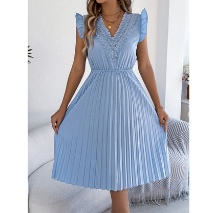 Robe midi pour femme à col en V, en dentelle, à manches à volants et plissée