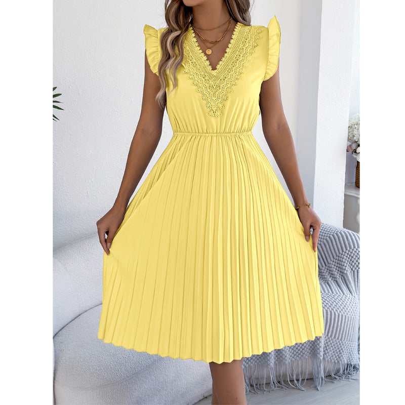 Robe midi pour femme à col en V, en dentelle, à manches à volants et plissée