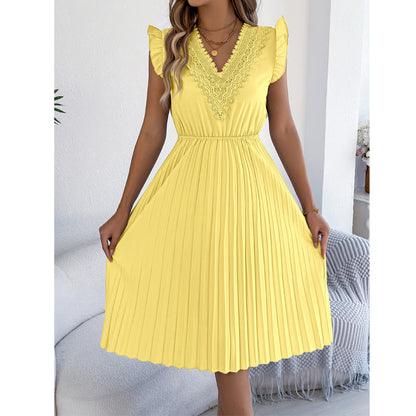 Robe midi pour femme à col en V, en dentelle, à manches à volants et plissée