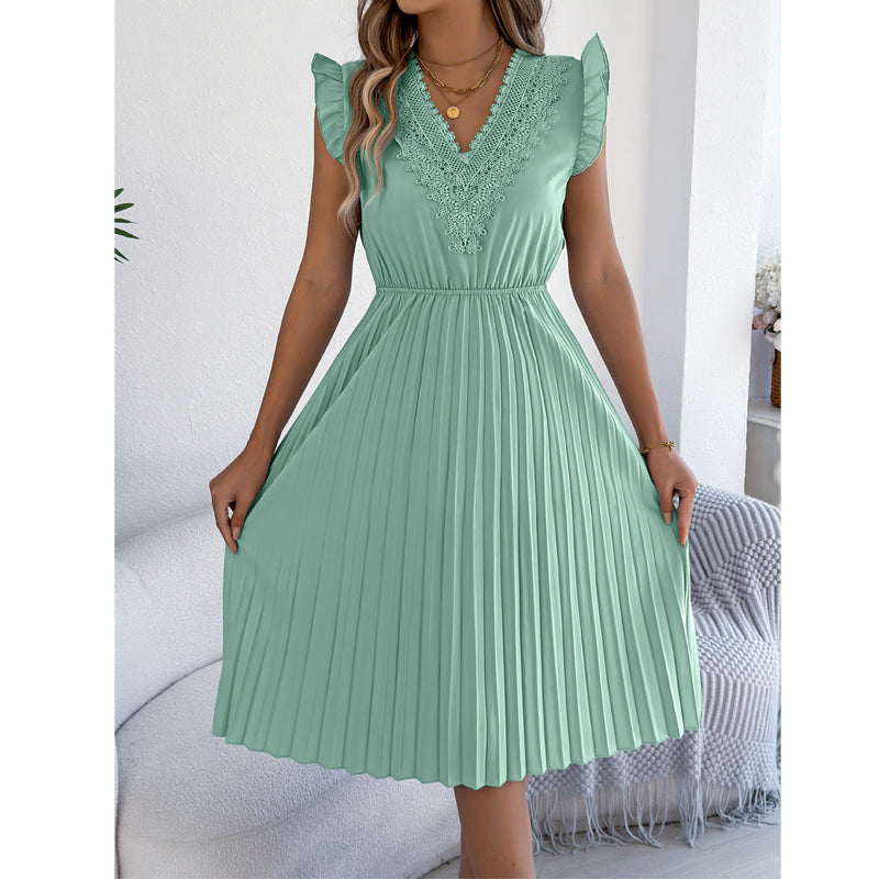 Robe midi pour femme à col en V, en dentelle, à manches à volants et plissée