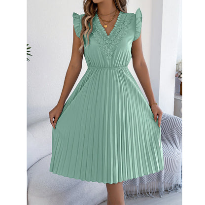Robe midi pour femme à col en V, en dentelle, à manches à volants et plissée