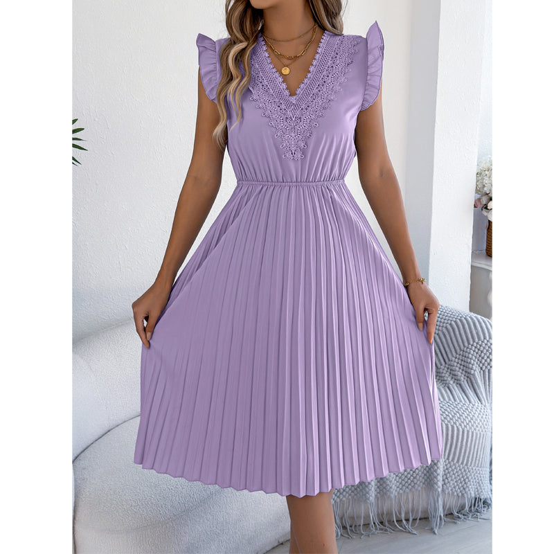 Robe midi pour femme à col en V, en dentelle, à manches à volants et plissée