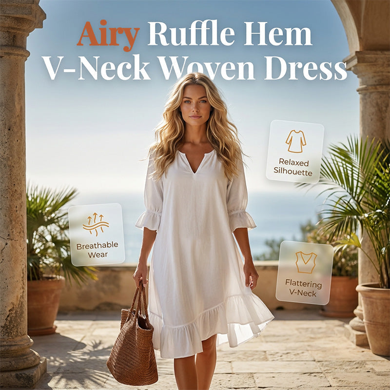 🎉NOUVEAUTÉ – OFFRE À DURÉE LIMITÉE 💞Robe tissée à col en V et ourlet à volants pour femme