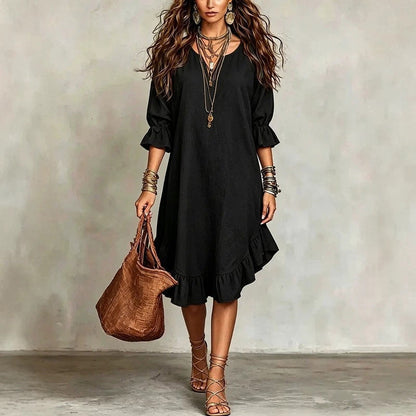 🎉NOUVEAUTÉ – OFFRE À DURÉE LIMITÉE 💞Robe tissée à col en V et ourlet à volants pour femme