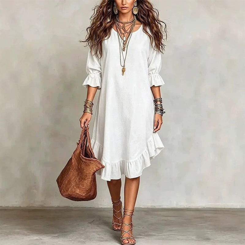 🎉NOUVEAUTÉ – OFFRE À DURÉE LIMITÉE 💞Robe tissée à col en V et ourlet à volants pour femme