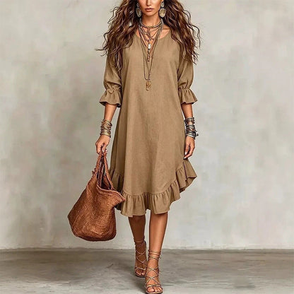 🎉NOUVEAUTÉ – OFFRE À DURÉE LIMITÉE 💞Robe tissée à col en V et ourlet à volants pour femme