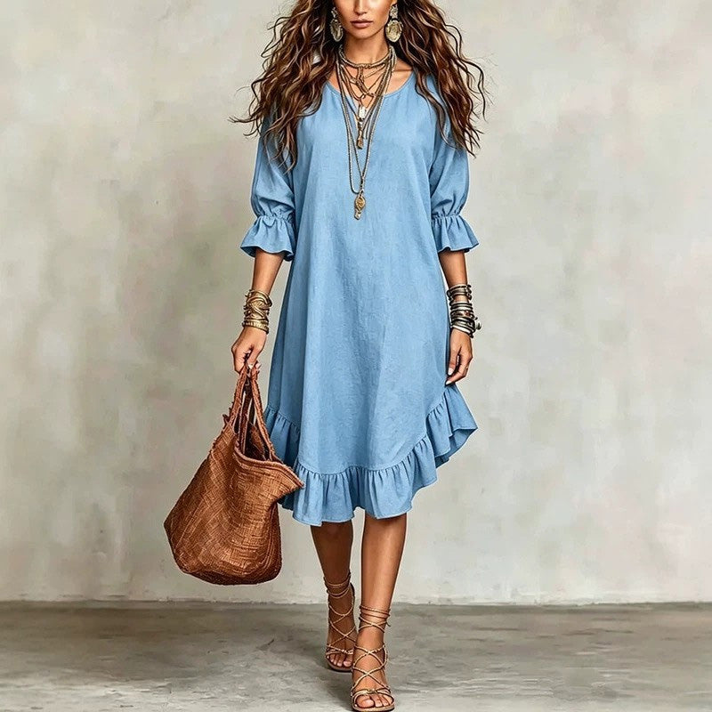🎉NOUVEAUTÉ – OFFRE À DURÉE LIMITÉE 💞Robe tissée à col en V et ourlet à volants pour femme