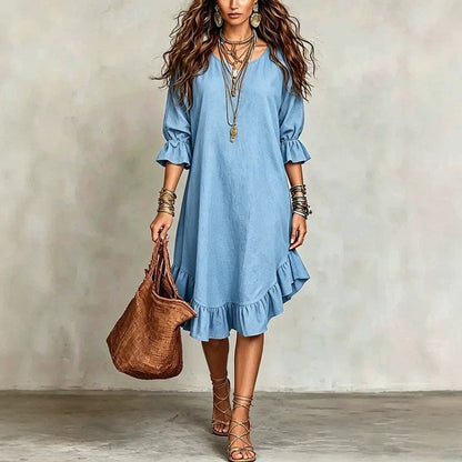 🎉NOUVEAUTÉ – OFFRE À DURÉE LIMITÉE 💞Robe tissée à col en V et ourlet à volants pour femme