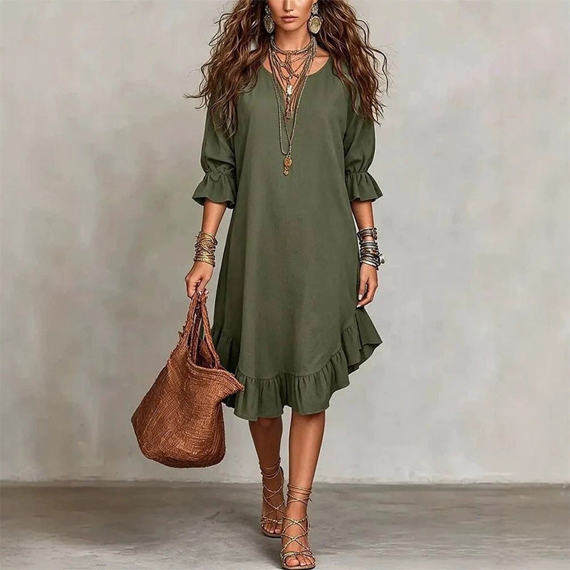 🎉NOUVEAUTÉ – OFFRE À DURÉE LIMITÉE 💞Robe tissée à col en V et ourlet à volants pour femme