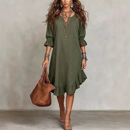 🎉NOUVEAUTÉ – OFFRE À DURÉE LIMITÉE 💞Robe tissée à col en V et ourlet à volants pour femme
