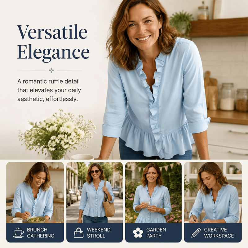 👚✨ Haut élégant pour femme, orné de volants et d'un col en V – féminin, léger et polyvalent – parfait pour le quotidien, le bureau et les occasions spéciales.