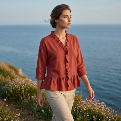 👚✨ Haut élégant pour femme, orné de volants et d'un col en V – féminin, léger et polyvalent – parfait pour le quotidien, le bureau et les occasions spéciales.