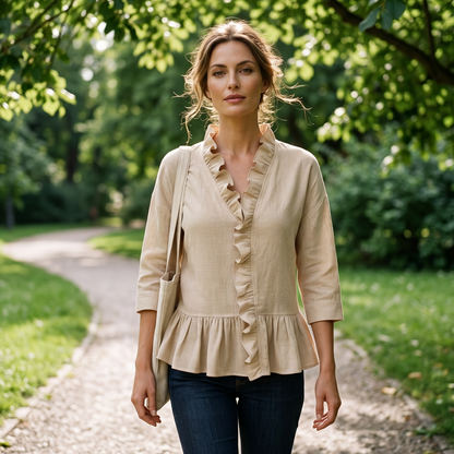 👚✨ Haut élégant pour femme, orné de volants et d'un col en V – féminin, léger et polyvalent – parfait pour le quotidien, le bureau et les occasions spéciales.