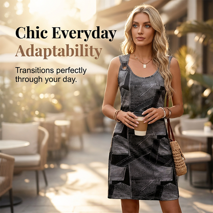 Robe sans manches pour femme, imprimé effet denim, design patchwork élégant 🧵