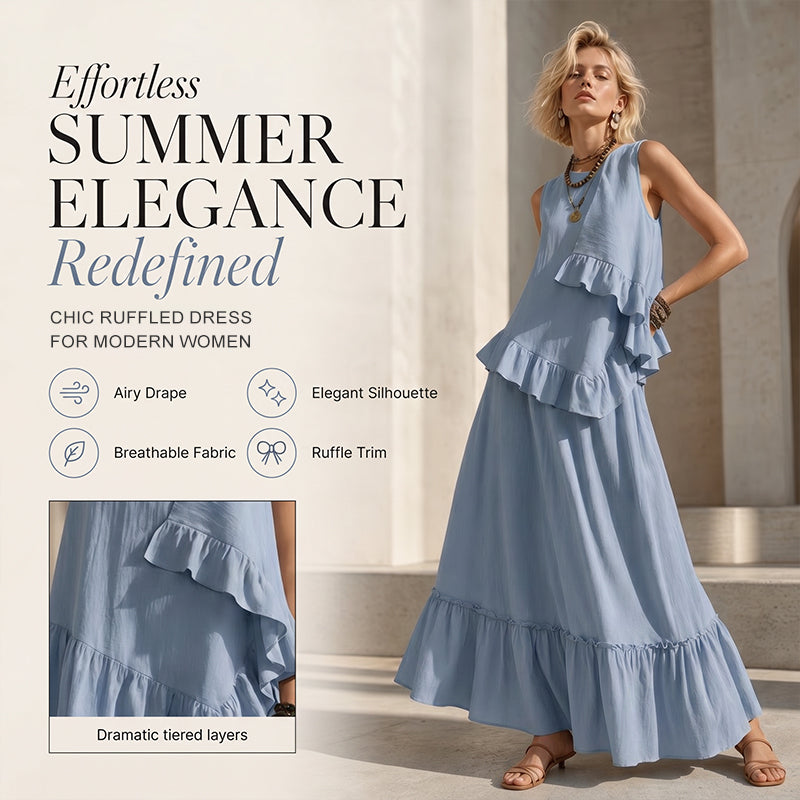 Robe longue sans manches à volants pour femme