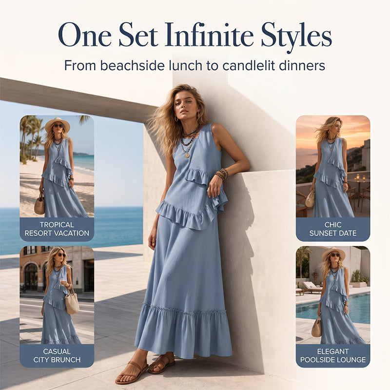 Robe longue sans manches à volants pour femme