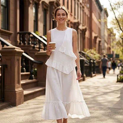 Robe longue sans manches à volants pour femme