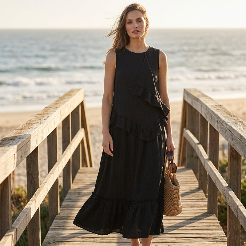 Robe longue sans manches à volants pour femme