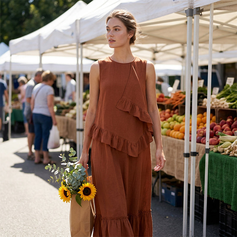 Robe longue sans manches à volants pour femme