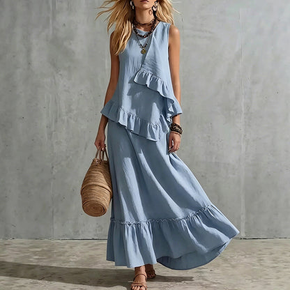 Robe longue sans manches à volants pour femme