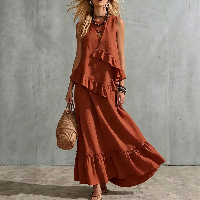 Robe longue sans manches à volants pour femme