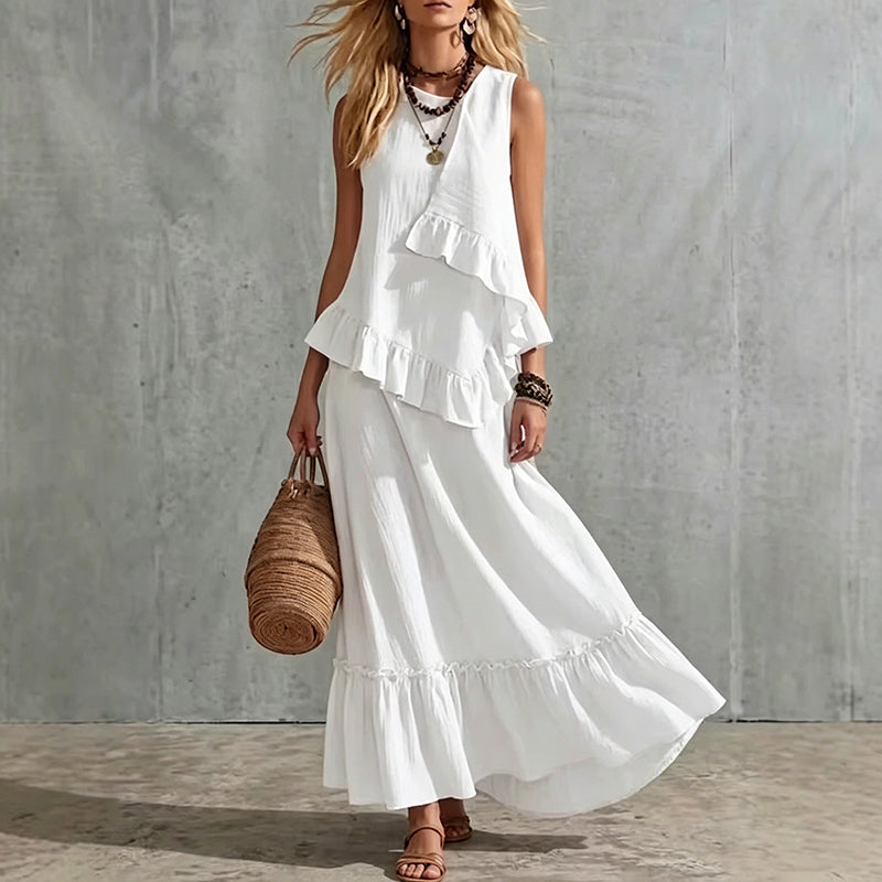 Robe longue sans manches à volants pour femme