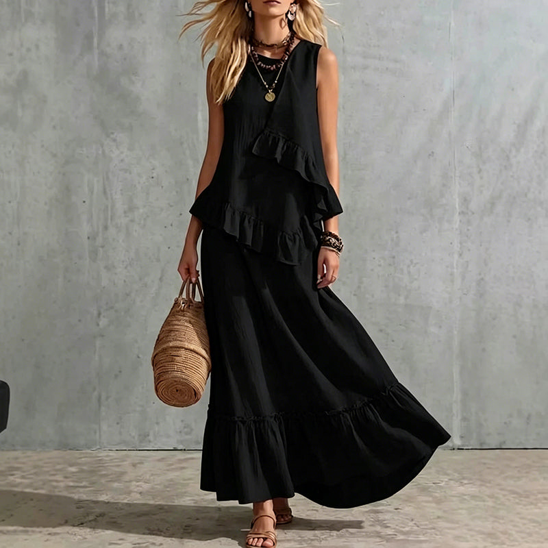 Robe longue sans manches à volants pour femme