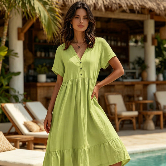 Robe midi femme à col V manches courtes et volants