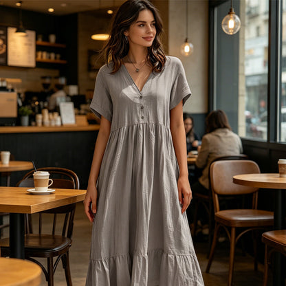 Robe midi femme à col V manches courtes et volants
