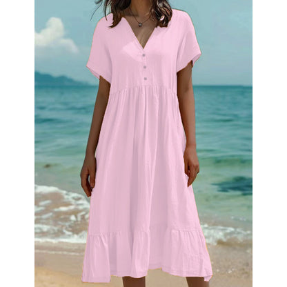 Robe midi femme à col V manches courtes et volants