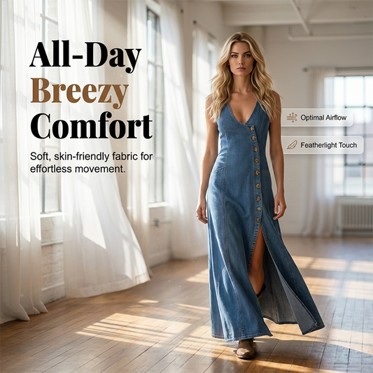 ⌛Offre à durée limitée – Robe longue en jean sans manches, col en V et boutonnée sur le devant