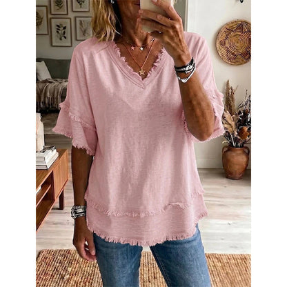 👚✨ Haut élégant à col en V – respirant, coupe ample, idéal pour les journées d'été décontractées