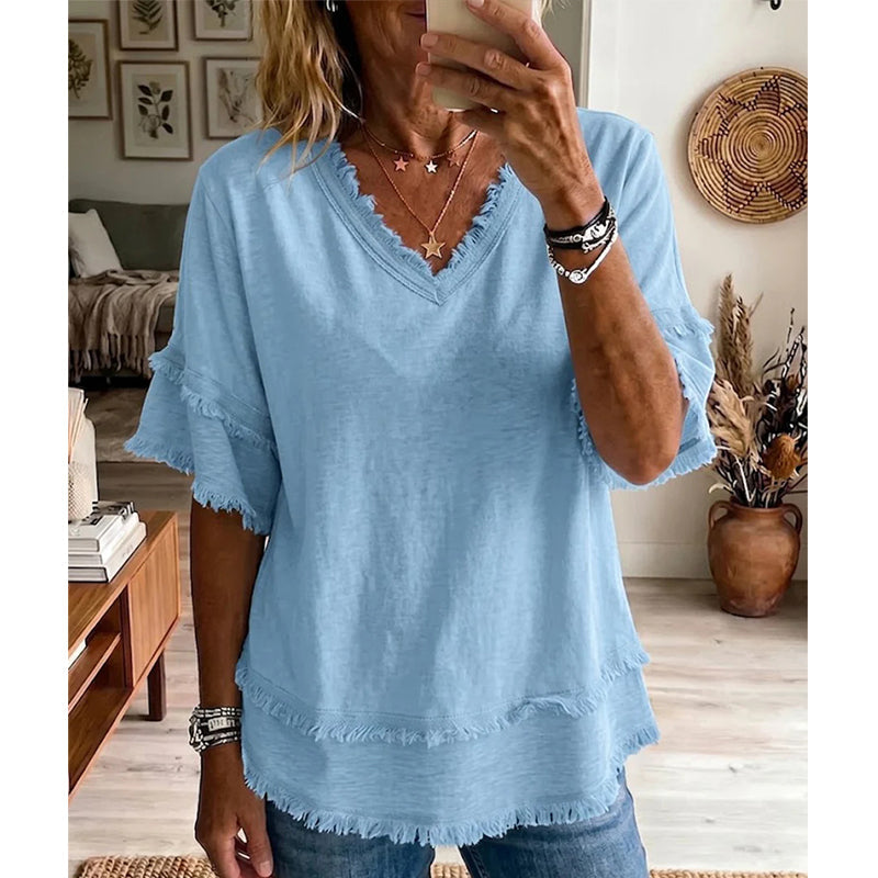 👚✨ Haut élégant à col en V – respirant, coupe ample, idéal pour les journées d'été décontractées