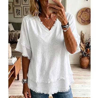👚✨ Haut élégant à col en V – respirant, coupe ample, idéal pour les journées d'été décontractées