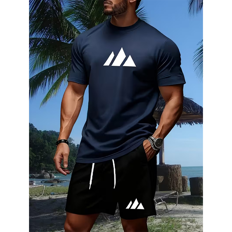 👕 PROMOTION LIMITÉE -50% ! ✨ Ensemble T-Shirt Manches Courtes & Short à Cordon pour Homme – Imprimé Géométrique, Respirant, Polyvalent 🔥