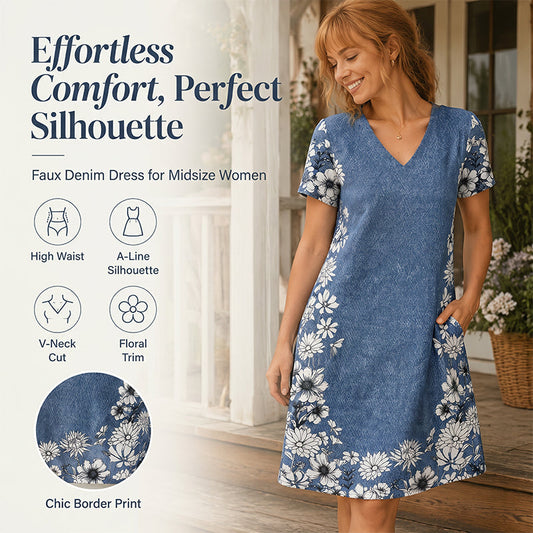 Robe femme à col V imprimé effet denim