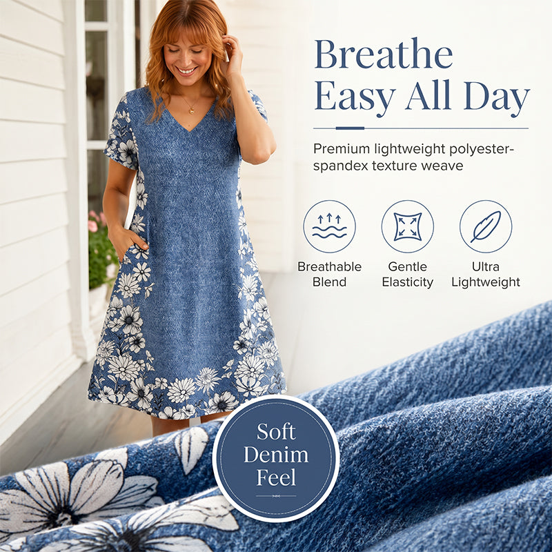 Robe femme à col V imprimé effet denim