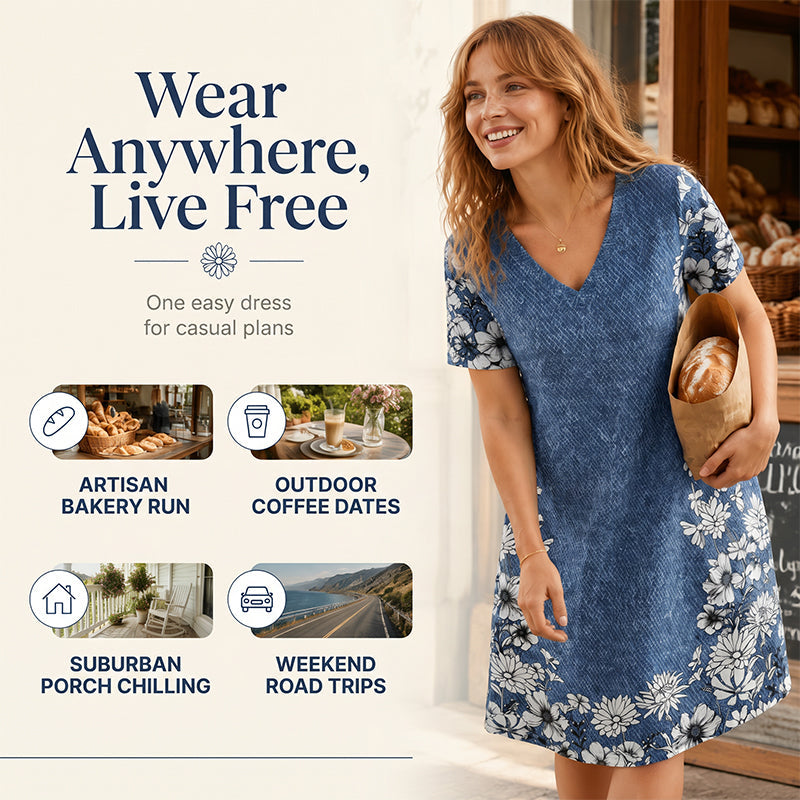 Robe femme à col V imprimé effet denim