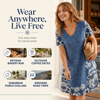 Robe femme à col V imprimé effet denim