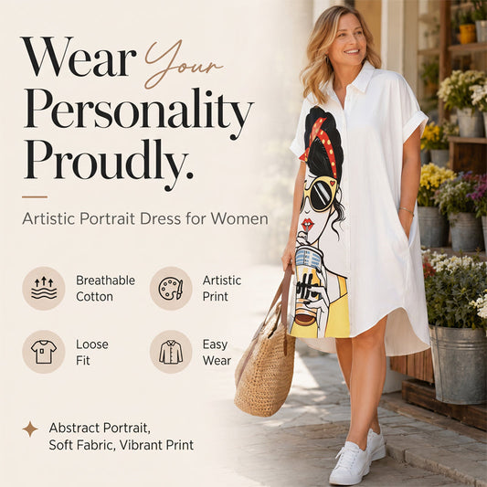 Robe-chemise imprimée pour femme, style portrait artistique