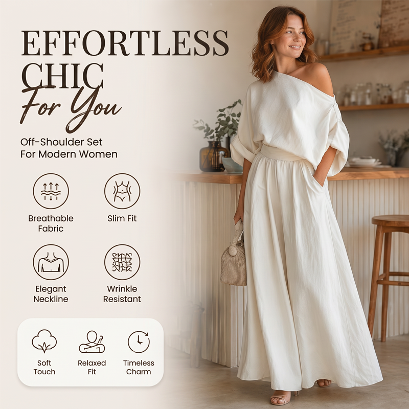 🔥Nouveautés et offres spéciales – Ensemble pour femme composé d'un haut à épaules dénudées et d'un pantalon à jambes larges
