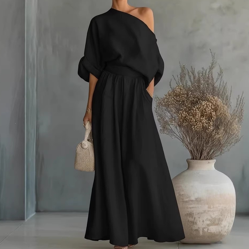 🔥Nouveautés et offres spéciales – Ensemble pour femme composé d'un haut à épaules dénudées et d'un pantalon à jambes larges