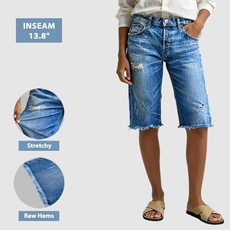 👖 OFFRE LIMITÉE -50% ! ✨ Short Bermuda en Jean Délavé Casual Femme – Stretch 4 Directions, Ourlet Brut, Style Vintage 🌿