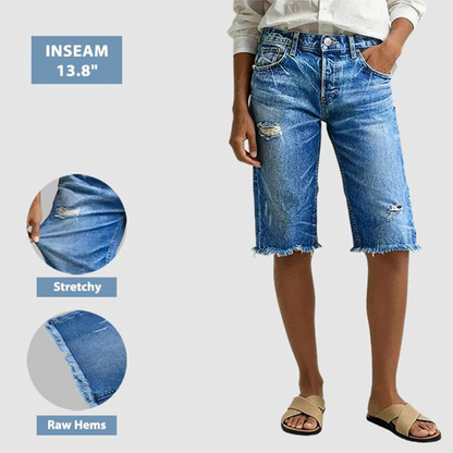 👖 OFFRE LIMITÉE -50% ! ✨ Short Bermuda en Jean Délavé Casual Femme – Stretch 4 Directions, Ourlet Brut, Style Vintage 🌿