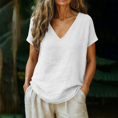 👕☀️🌿 OFFRE LIMITÉE 50% DE RÉDUCTION! T-Shirt Femme Col V pour l’Été – Mélange de Coton Doux, Respirant et Léger – Parfait pour les Journées Décontractées, les Courses ou les Matins de Week-end Paisibles 🌸😌