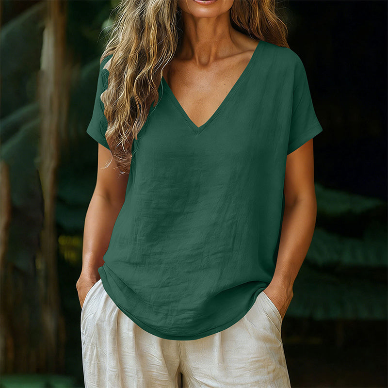 👕☀️🌿 OFFRE LIMITÉE 50% DE RÉDUCTION! T-Shirt Femme Col V pour l’Été – Mélange de Coton Doux, Respirant et Léger – Parfait pour les Journées Décontractées, les Courses ou les Matins de Week-end Paisibles 🌸😌