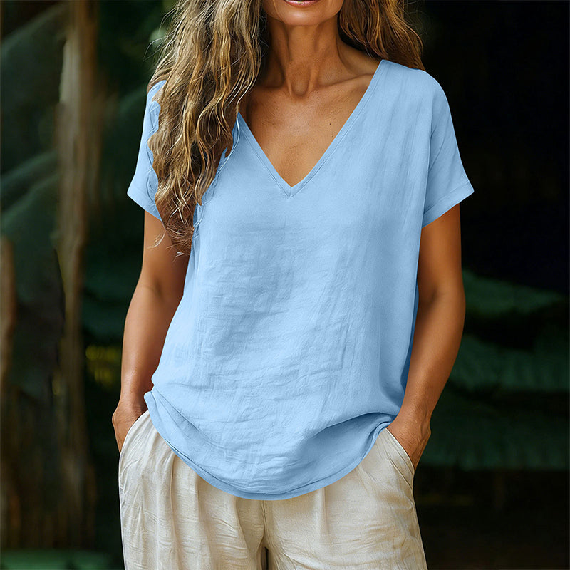 👕☀️🌿 OFFRE LIMITÉE 50% DE RÉDUCTION! T-Shirt Femme Col V pour l’Été – Mélange de Coton Doux, Respirant et Léger – Parfait pour les Journées Décontractées, les Courses ou les Matins de Week-end Paisibles 🌸😌