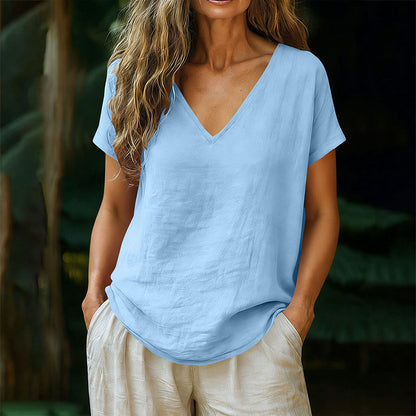 👕☀️🌿 OFFRE LIMITÉE 50% DE RÉDUCTION! T-Shirt Femme Col V pour l’Été – Mélange de Coton Doux, Respirant et Léger – Parfait pour les Journées Décontractées, les Courses ou les Matins de Week-end Paisibles 🌸😌